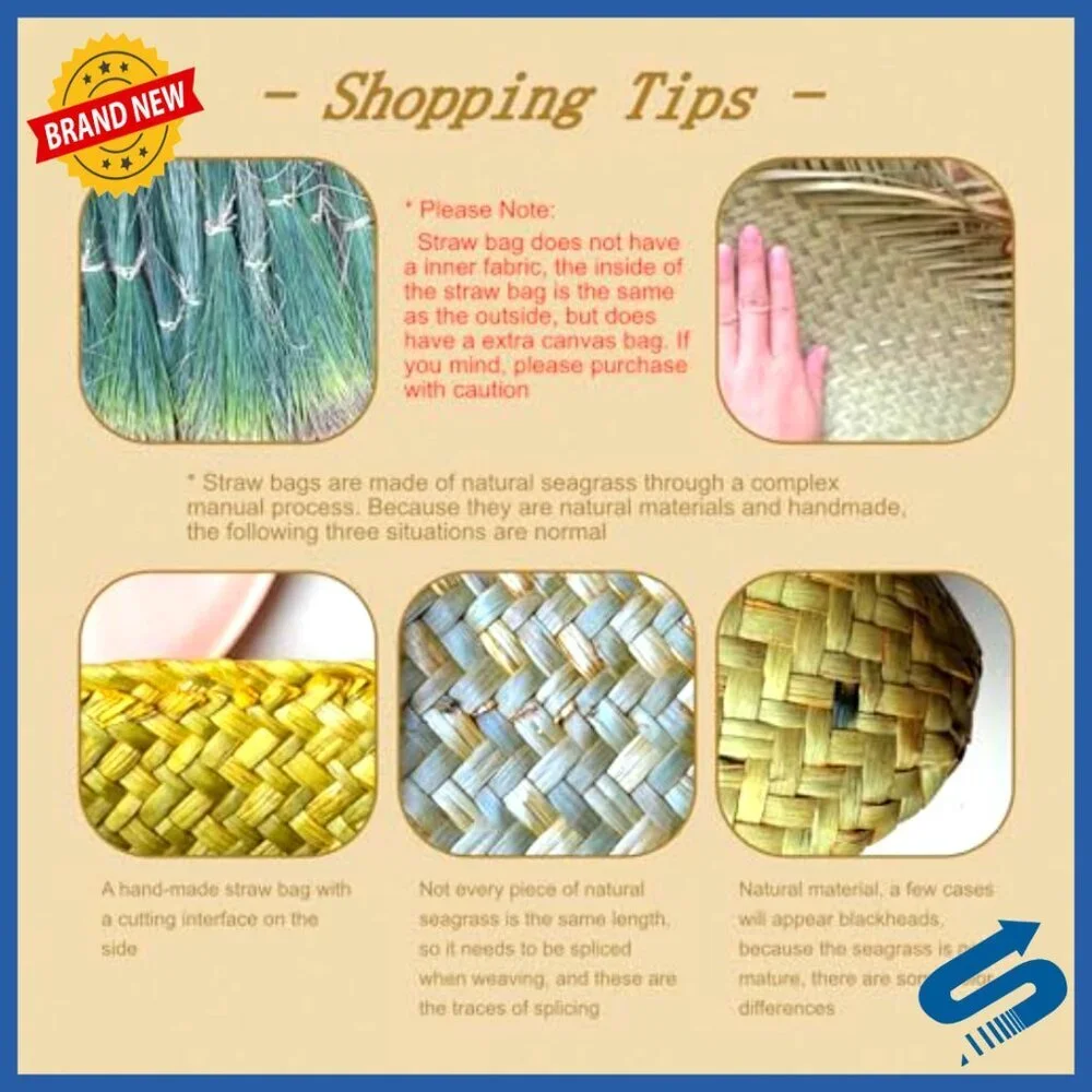 Natural Rattan Woven Tote Bag Handmade Beach Purse Summer Vacation Boho